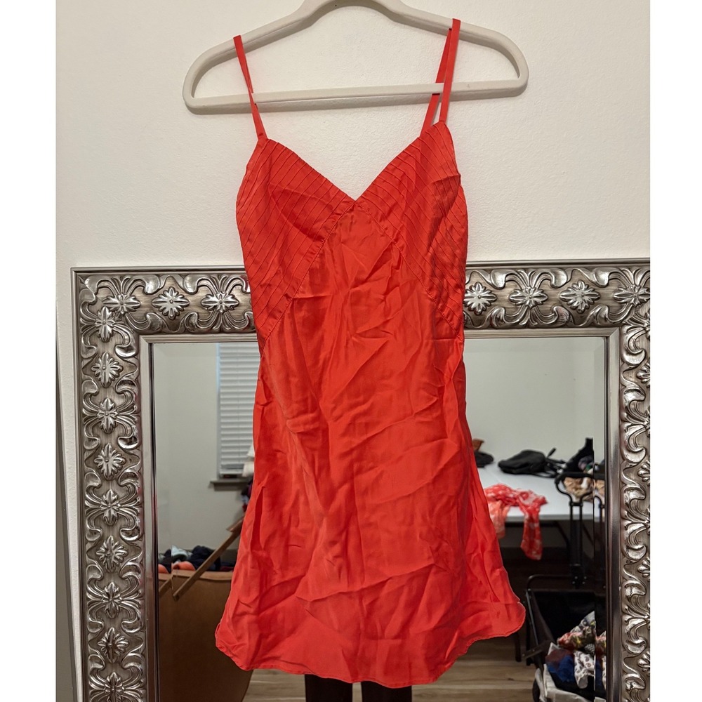 Josie Natori Silk Slip Dress Coral Orange Pleated V-Neck Mini XS g5